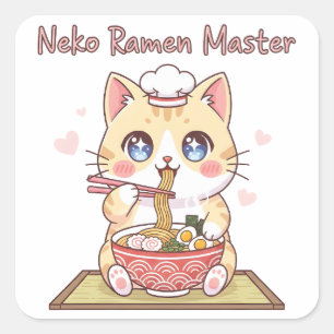 Adesivo Quadrado Mestre de Ramen Kawaii Neko Gato Comida Chef Fofo
