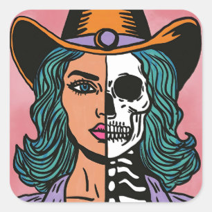 Adesivo Quadrado Metade Cowgirl Half Skeleton Western Spookkers