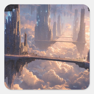 Adesivo Quadrado Metrópole Flutuante nas Nuvens