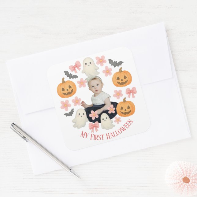 Adesivo Quadrado Meu Primeiro Halloween | Pumpkin e Wreath Fantasma (Envelope)