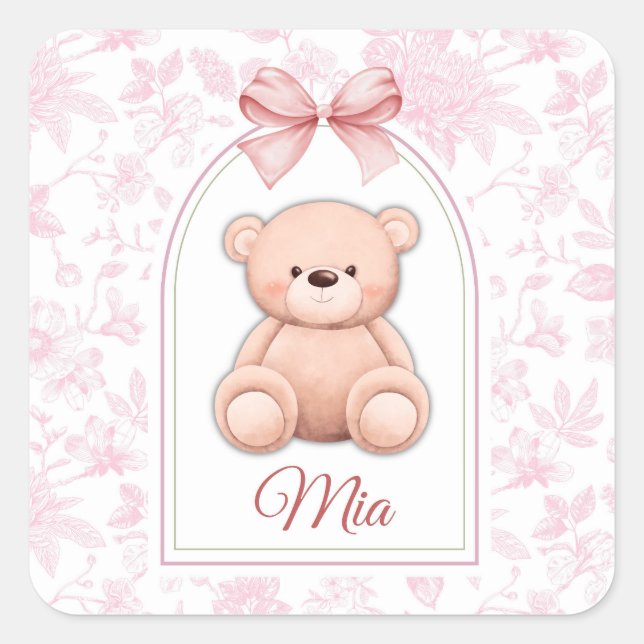Adesivo Quadrado Mia | Design de Enfermeiro de Urso Rosa Personaliz (Frente)