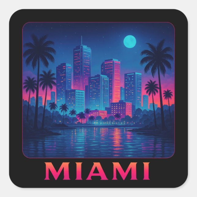 Adesivo Quadrado Miami Moonrise - Neon Skyline (Frente)