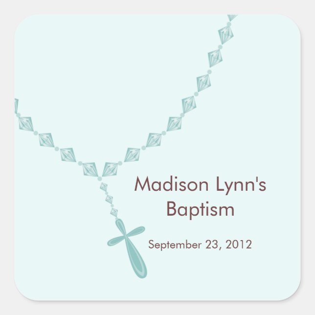 Adesivo Quadrado Miçangas Rosárias Doce Batismo Favorece Azul-Foca (Frente)