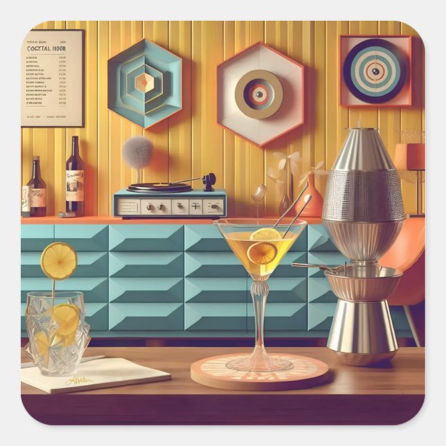Adesivo Quadrado Mid Century Atomic Retro Futuristic Party Room (Frente)