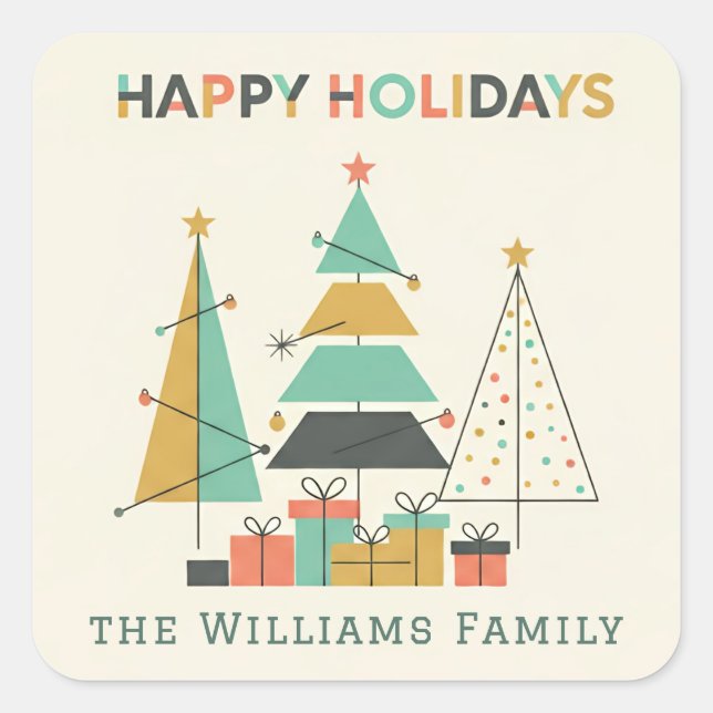 Adesivo Quadrado Mid-Century Retro Christmas Trees (Frente)