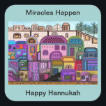 Adesivo Quadrado Milagres Acontecem Hannukah Stickers<br><div class="desc">Ilustração gráfica da tapeçaria de cores na cidade de Jerusalém. Personalize esses adesivos com sua escolha de cor e mensagem de fundo. Arte original de Magins Creations.</div>