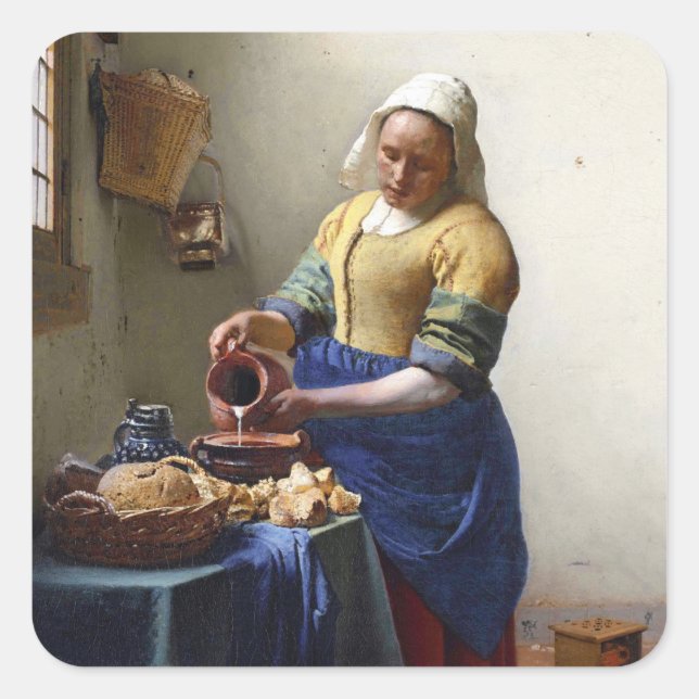Adesivo Quadrado Milkmaid, c.1658-60 (óleo na canvas) (Frente)