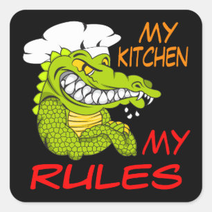 Adesivo Quadrado Minha Cozinha Minhas Regras, Alligator Chef, Preto