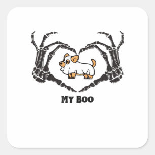 Adesivo Quadrado Minha fantasia de Boo Chihuahua com mãos de coraçã