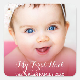 Adesivo Quadrado Minha foto moderna do bebê do primeiro Natal
