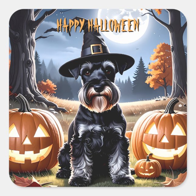 Adesivo Quadrado Miniatura Schnauzer Halloween (Frente)