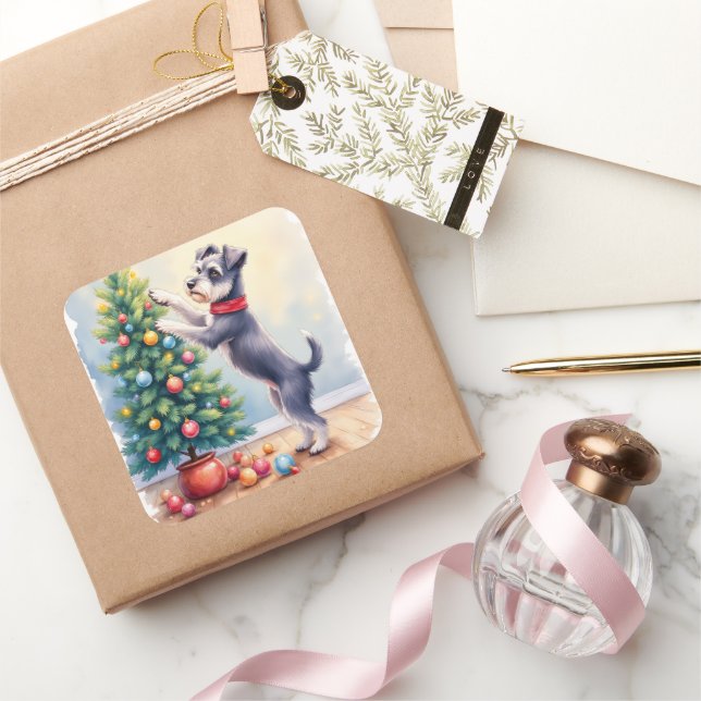 Adesivo Quadrado Miniature Schnauzer Decorating Christmas Tree Dog  (Presentear)