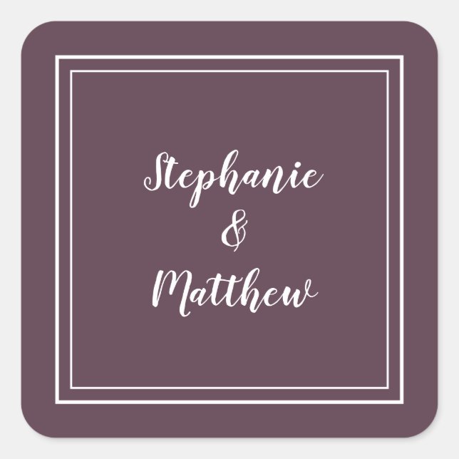 Adesivo Quadrado Mínima Casamento Moderno Púrpura Favor Obrigado (Frente)