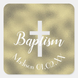 Adesivo Quadrado Mínima Faux Dourado Baptism Cross Child Name