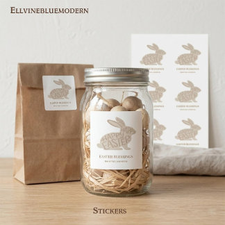 Adesivo Quadrado Minimalist Beige Typography Rabbit Easter