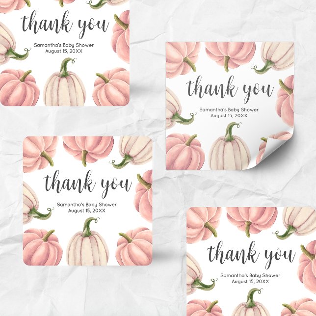 Adesivo Quadrado Minimalist Pink Pumpkin Fall Baby Shower (Pink Pumpkin Baby Shower Square Sticker)
