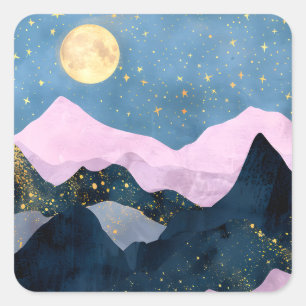 Adesivo Quadrado Minimalista Lua Estrelas Montanha Vale Celestial