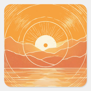 Adesivo Quadrado Minimalista Montanha Oceano Retro Pôr do Sol Zen