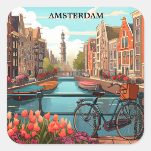Adesivo Quadrado Minimalista Vista do Canal Holanda Amsterdam Vinta