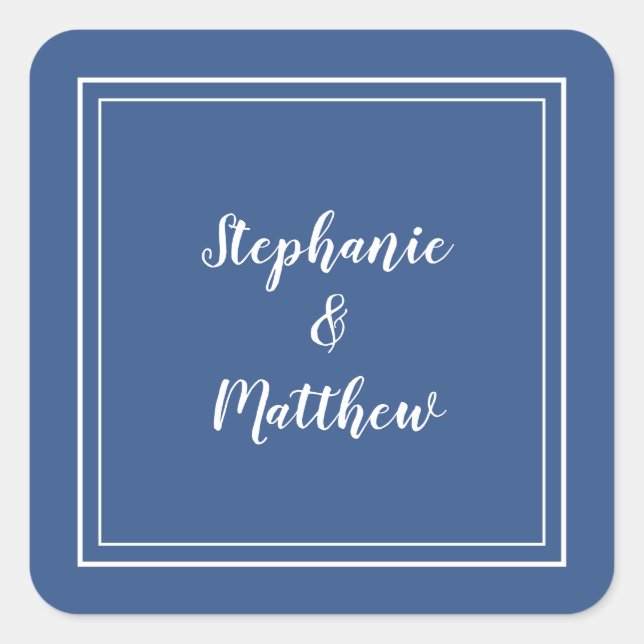 Adesivo Quadrado Mínimo Casamento Moderno Azul Favor Obrigado (Frente)