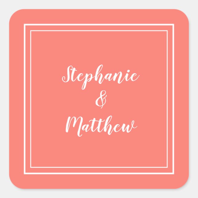 Adesivo Quadrado Mínimo Casamento Moderno Favor do Coral Obrigado (Frente)