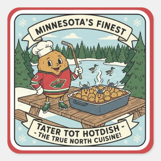 Adesivo Quadrado Minnesota Tater Tot Hotdish Retro Mascot Sticker (Frente)