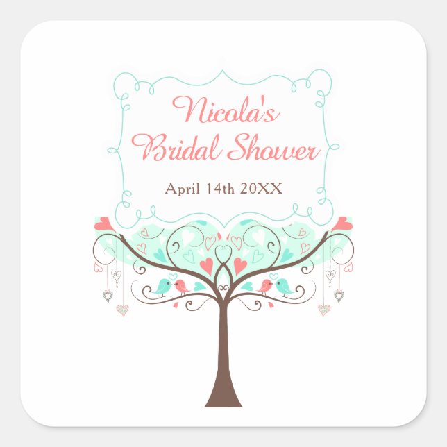 Adesivo Quadrado Mint and Coral Floral Bird Bridal Shower  (Frente)