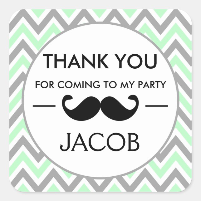 Adesivo Quadrado Mint Green Chevron Mustache Birthday Sticker (Frente)