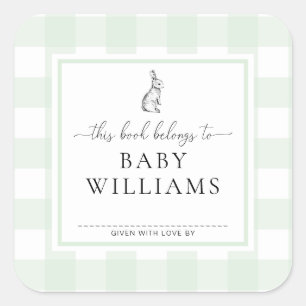 Adesivo Quadrado Mint Green Gingham Bunny Bookplate Sticker