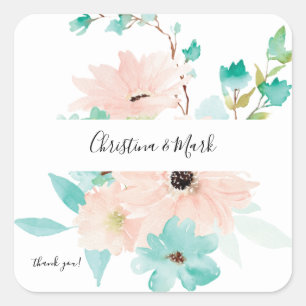 Adesivo Quadrado Mint Green & Pink Floral Obrigado 2