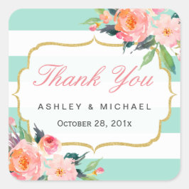 Adesivo Quadrado Mint Green Stripes Watercolor Floral Obrigado