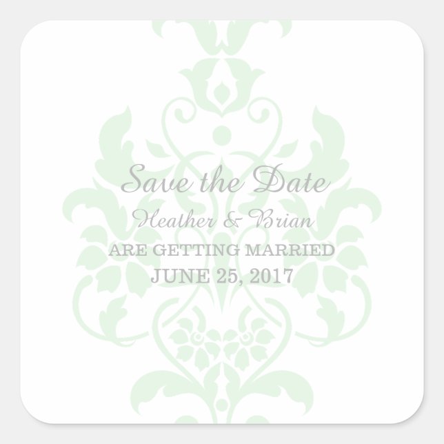 Adesivo Quadrado Mint Green Sutil Damask Save the Date Stickers (Frente)