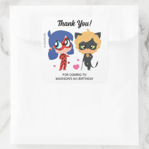 Adesivo Quadrado Miraculosa Ladybug e Cat Noir Aniversário Obrigado