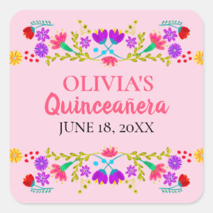 Adesivo Quadrado Mis Quince Anos Festa Mexicana Rosa Floral