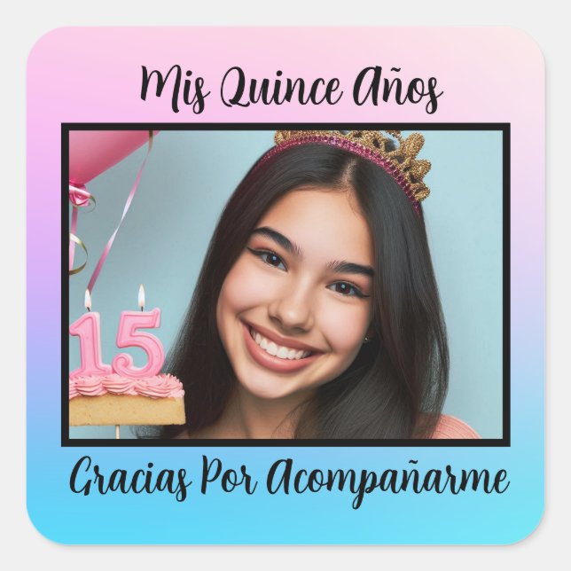 Adesivo Quadrado Mis Quince Años Quinceañera Gracias Con Foto (Frente)