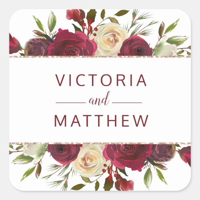 Adesivo Quadrado Mistletoe Manor Watercolor Floral Monographic Wedd (Frente)