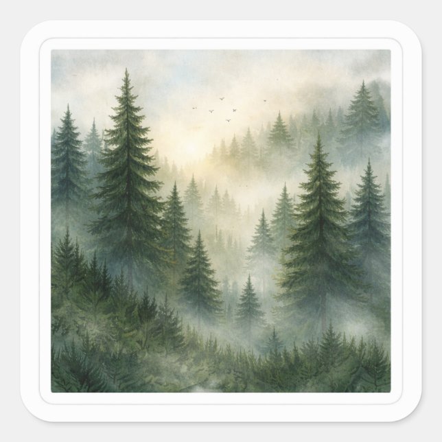 Adesivo Quadrado Misty morning in pine forest aesthetic (Frente)