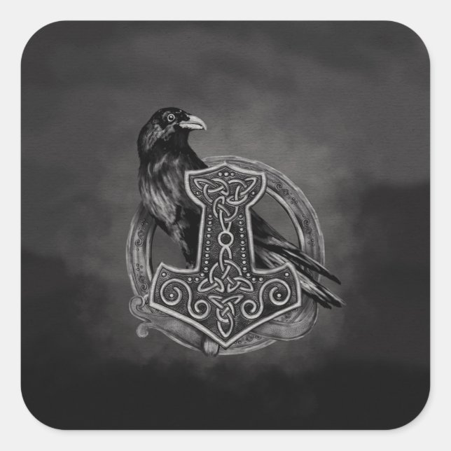 Adesivo Quadrado Mjolnir - O martelo de Thor e raven (Frente)