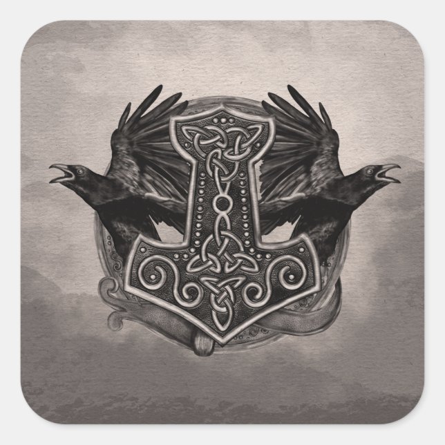 Adesivo Quadrado Mjolnir O martelo de Thor e ravens (Frente)