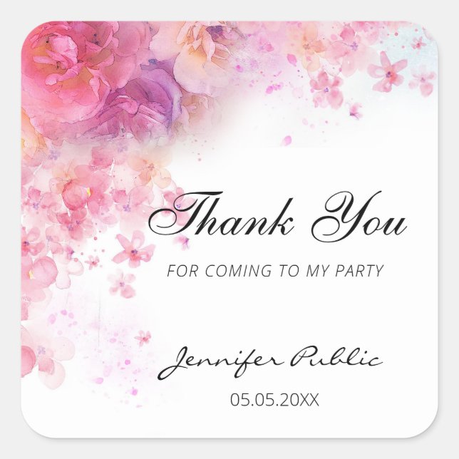 Adesivo Quadrado Modelo de Rótulo de Texto Manuscrito de Flores de  (Frente)