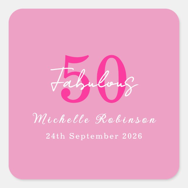 Adesivo Quadrado Modern 50 and Fabulous Pink 50th Birthday Party (Frente)
