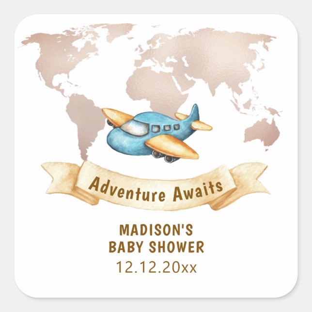 Adesivo Quadrado Modern Adventure World Map Airplane Baby Shower  (Frente)