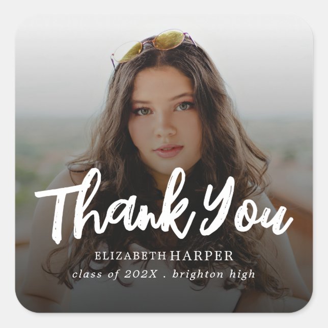 Adesivo Quadrado Modern Brush Script Photo Graduation Thank You (Frente)