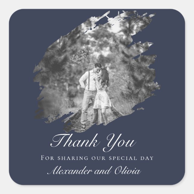 Adesivo Quadrado Modern Brushstroke Photo Wedding Favor Navy Blue (Frente)
