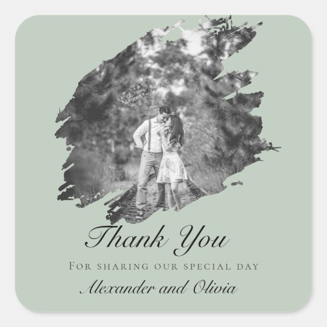 Adesivo Quadrado Modern Brushstroke Photo Wedding Favor Sage Green (Frente)