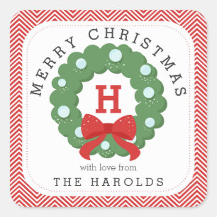 Adesivo Quadrado Modern Chevron Merry Christmas Wreath Monogramed