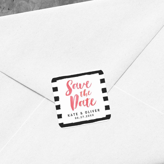 Adesivo Quadrado Modern Chic Black & White Strips Salva a Data (Criador carregado)