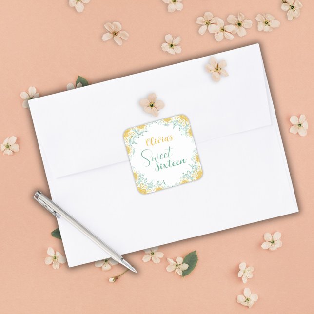 Adesivo Quadrado Modern Chic Boho Floral Sweet 16 Festa de aniversá (Criador carregado)