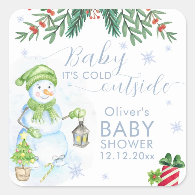 Adesivo Quadrado Modern Cold Outside Floral Snowman Baby Shower  (Frente)