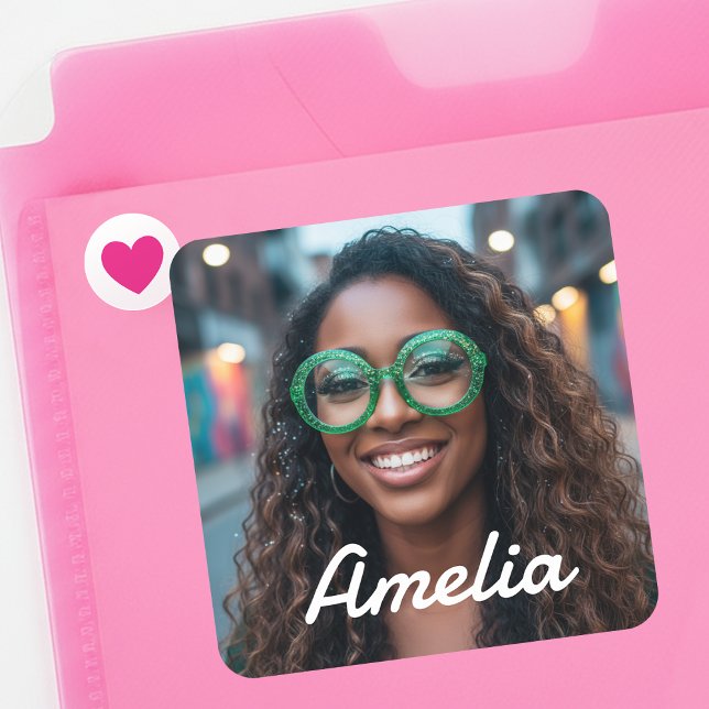 Adesivo Quadrado Modern Custom Photo Name Retro Typography (Criador carregado)